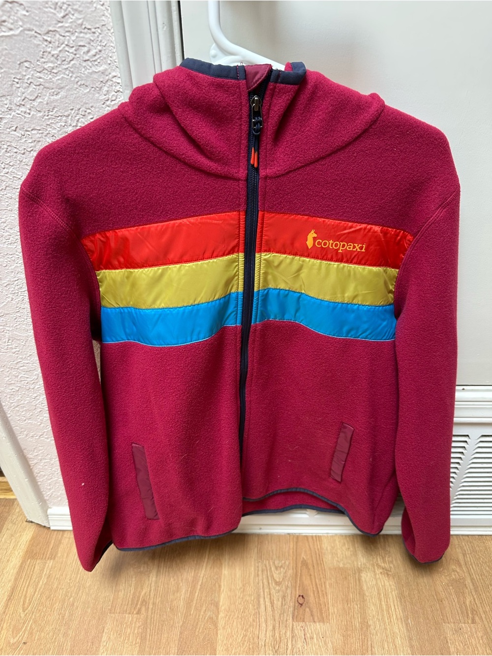 cotopaxi Raspberry Fleece Jacket with Red, Yellow & Blue Stripes